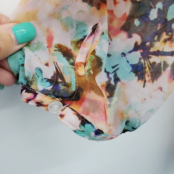 A.n.a Petite Floral Chiffon Blouse Size PL Sheer Peasant Tie Neck Boho Top - Picture 8 of 15